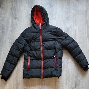 Pre-Loved Super DRY Black Puffer Jacket with orange Insides Sz. M